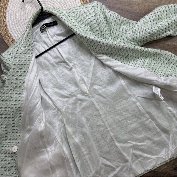 Zara Green Tweed Blazer Double Breasted Womens Size Large Lined - Picture 4 of 8